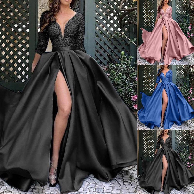 

Casual Dresses Sexy Lace Patchwork Party Dress High Slits Tie Waist Floor-Length Bridesmaids Infinity Robe Female Wedding Guest A, Pink
