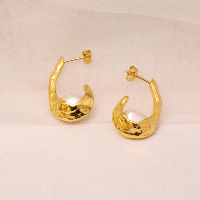 

Hoop Earrings Women Gold Plated And Necklace Set With Nutural Balok Baroque Pearl