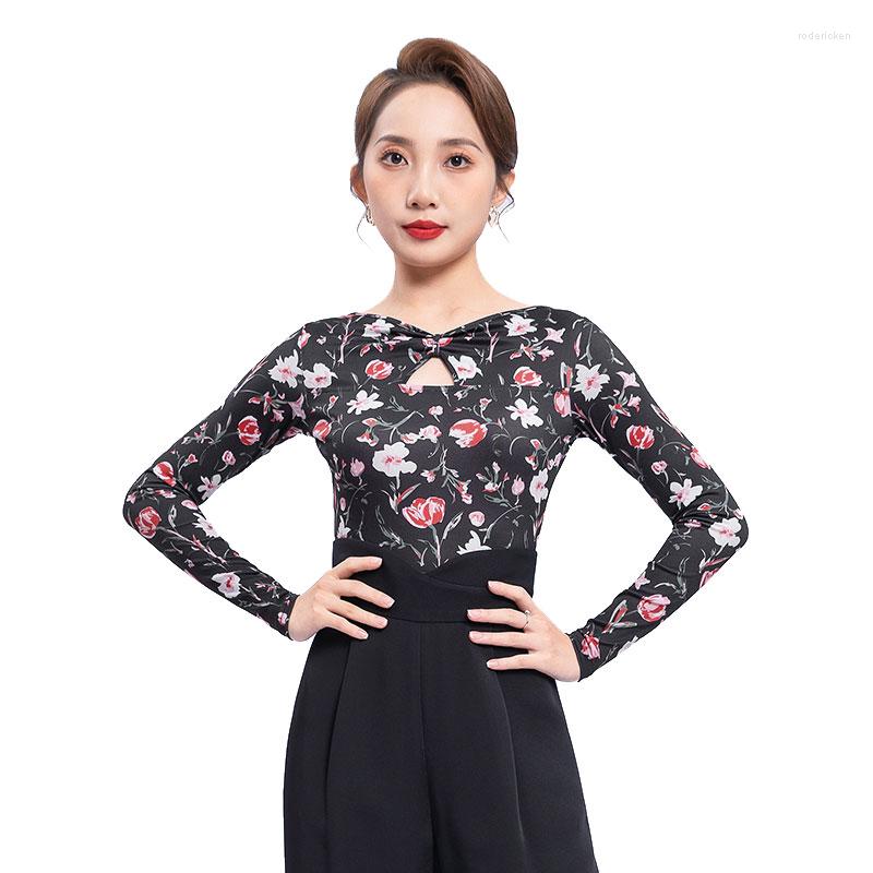 

Stage Wear NY08 F1045 Floral Long Sleeve Female Ballroom Dance Tops Professional Waltz Tango Dancing Practice Costumes Expansion Mesh, 004