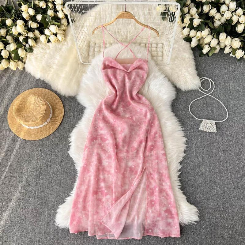 

Casual Dresses ZCWXM Beach Dress Women Evening Elegant Backless Cross Spaghetti Strap Tie Dye Party Sexy Split Summer Off Shoulder Pink