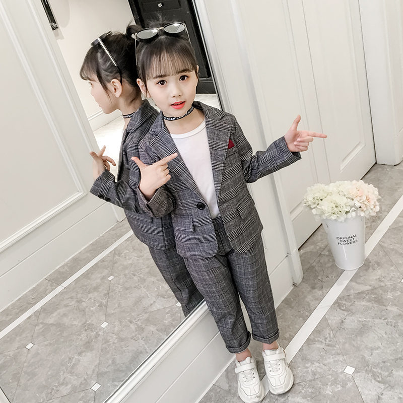 

Suits Fashion Wedding Kids Suit for Girls Formal Pant Suits for Teenagers 2PCS Blazer Set Brand Plaid Children Blazer  5 7 9 11 13T 230313, Gray