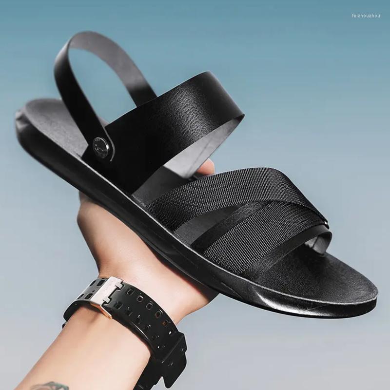 

Sandals Men Summer PU Leather Dual-use Wear Method Flat Bottom Comfortable Anti-slip Beach Slippers, Black