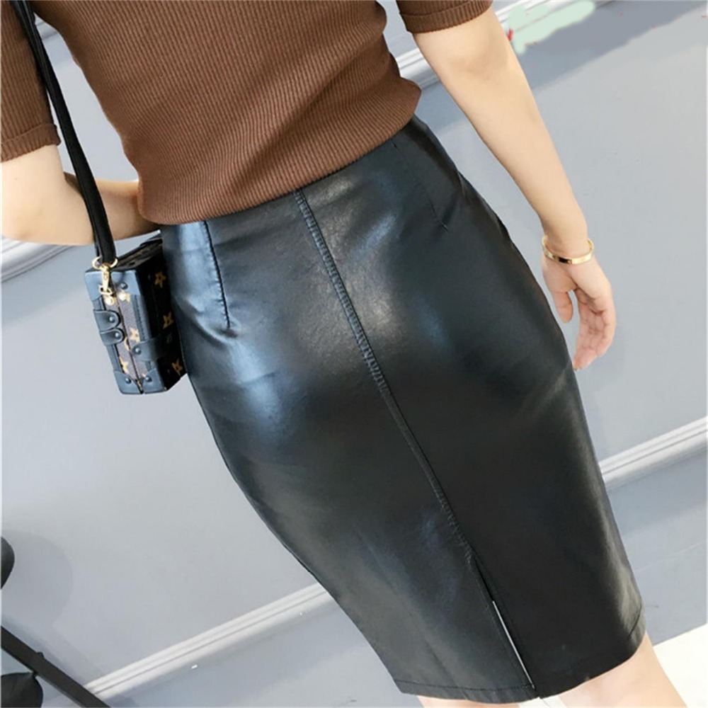 

Skirts Autumn and winter European and American PU leather skirt Slim split skirt wild package hip female long paragraph skirt 230313, Black