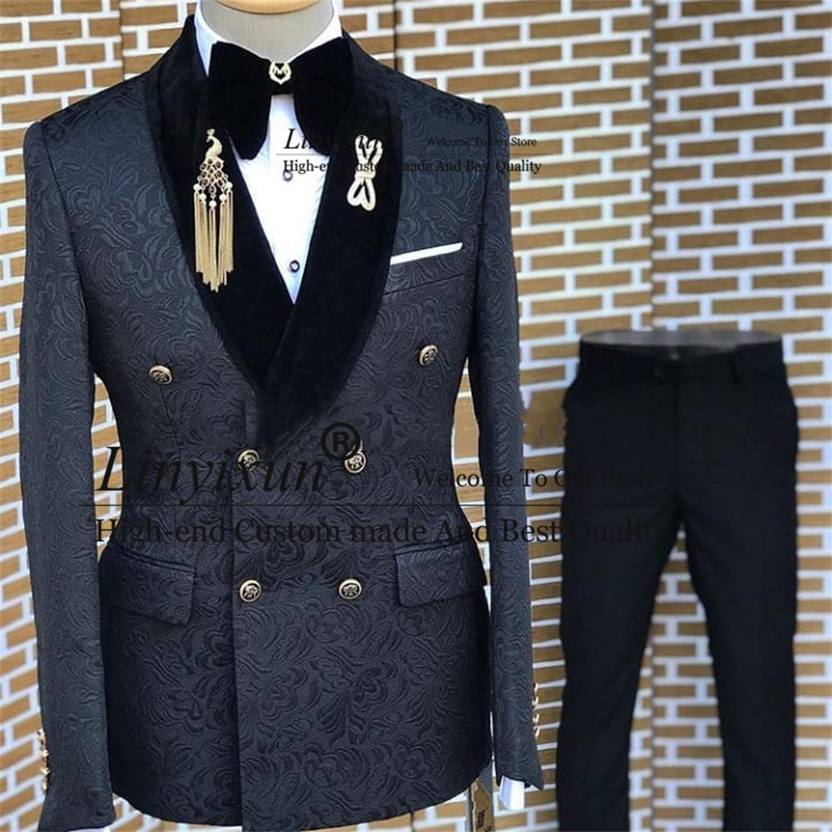 

Men's Suits Blazers Nave Blue Jacquard Wedding Suits For Men Slim Fit Double Breasted Groom Tuxedos 2 Pieces Groomsmen Prom Blazer Set Costume Homme 230313, Navy blue