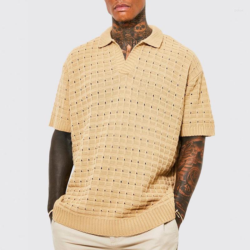 

Men' Polos Spring V Neck Knitted Elasticity Shirt Men Casual Solid Ribbed Polo T Pullover Summer Short Sleeve Loose Sweaters Harajuku, Khaki