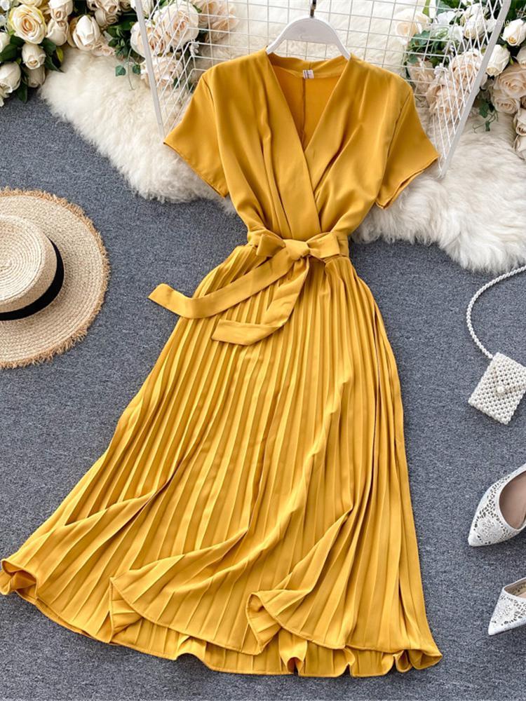 

Party Dresses ZCWXM Summer Pleated Green Dress Women Fahion Casual Solid High Waist Midi Vestidos Sundress Female Clothing, Red