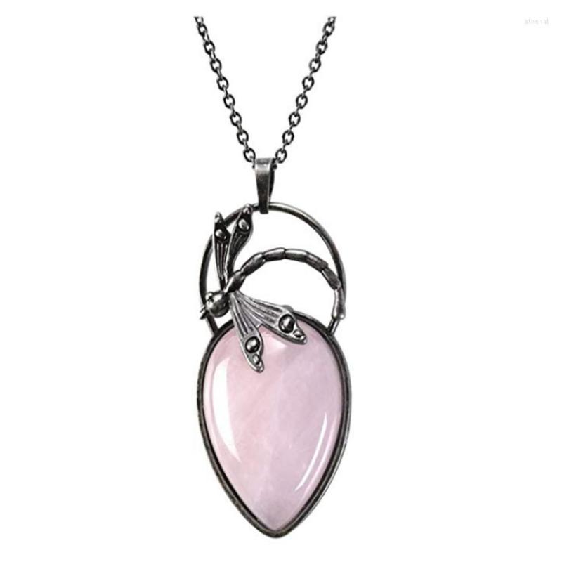 

Pendant Necklaces FYSL Silver Plated Dragonfly Wrap Rose Pink Quartz Water Drop Link Chain Necklace Amethysts Stone Jewelry