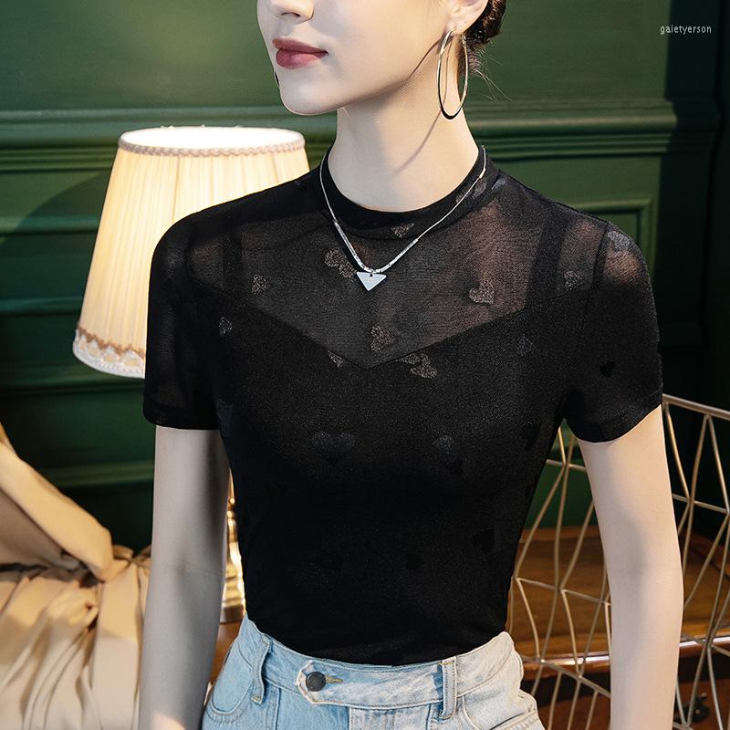 

Women' T Shirts 2023 Women' Lace T-Shirts Short Sleeves Chiffon Shirt Women Sexy Slim Commuter Black Sleeve Tops