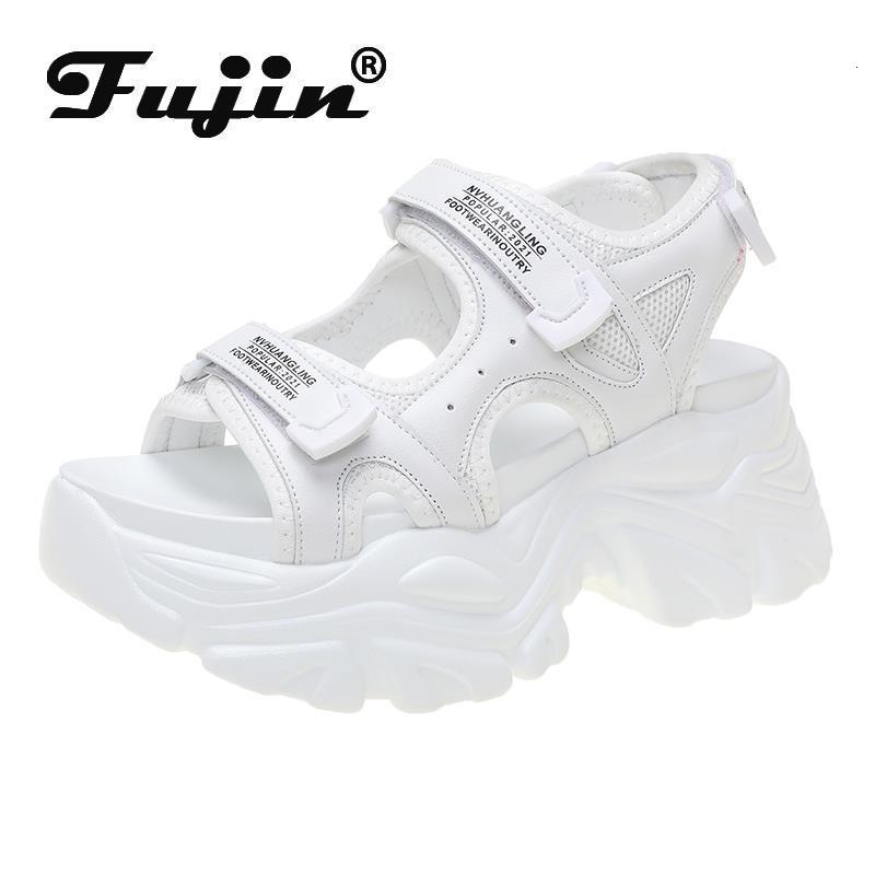 

Sandals Fujin Leather 8cm Platform Wedge Heel for Women Summer Shoes Casual Hook Loop Slides Beach Slippers Chunky 230313, Black