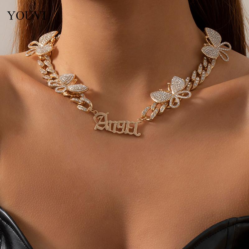 

Chains YOUVI Fully Iced Out Crystal Butterfly Necklace For Women Goth Cuban Cubic Zircon Angel Pedant Collar Jewelry