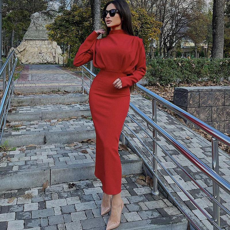 

Casual Dresses Elegant Gown Ruffle Slim Turtleneck Fashion Party Black Autumn Spring Evening Prom Date Bodycon Dress For Women 2023