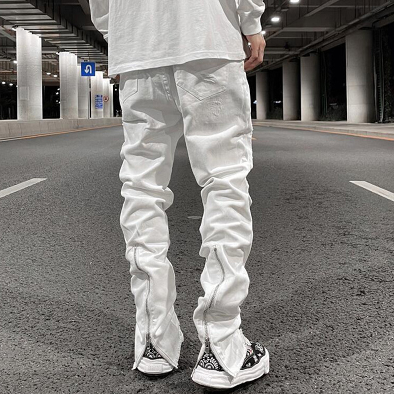 

Men's Jeans Harajuku Back Zipper Hole Ripped White Jeans Pants Mens Straight Washed Retro Oversized Streetwear Casual Denim Trousers 230313