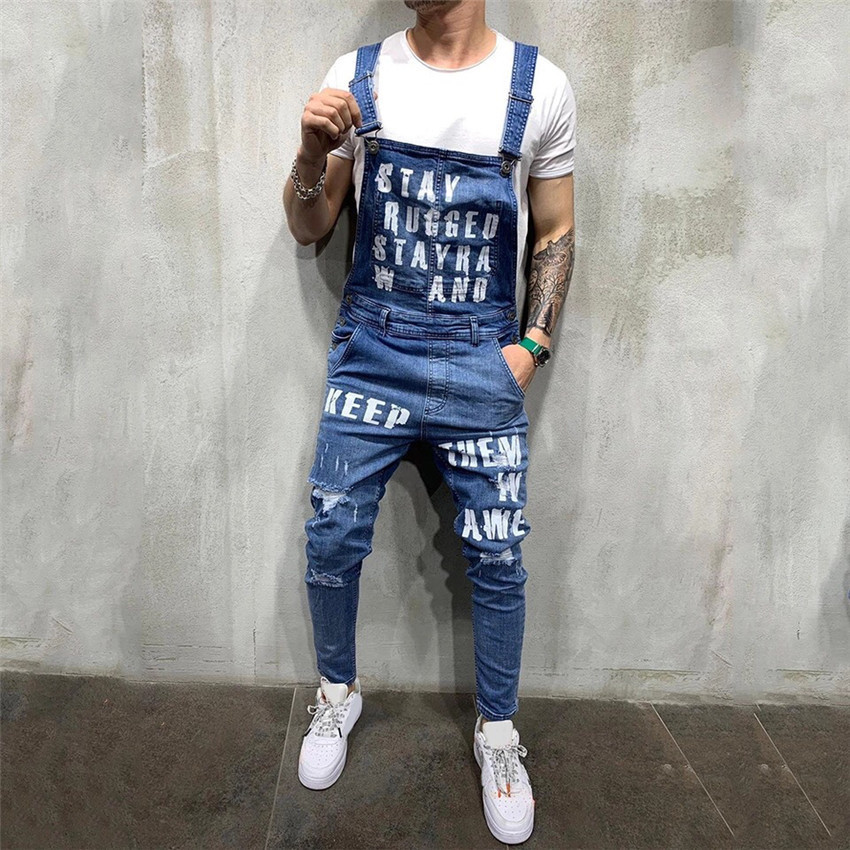 

Men's Jeans Fashion Ripped Jumpsuits Ankle Length Letter printing Distressed Denim Bib Overalls For Men Suspender Pants 230313, Blue