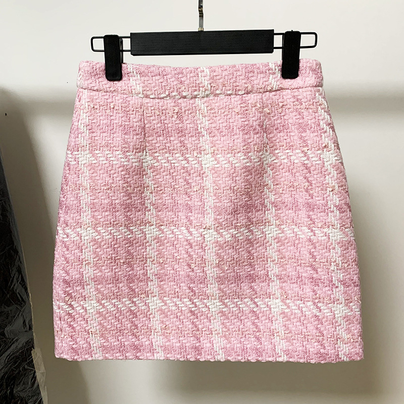 

Skirts Designer Tweed Plaid Pink Skirt Women Autumn Winter Weave Woolen Tweed Office Ladies Mini Skirt Thick High Quality 230313