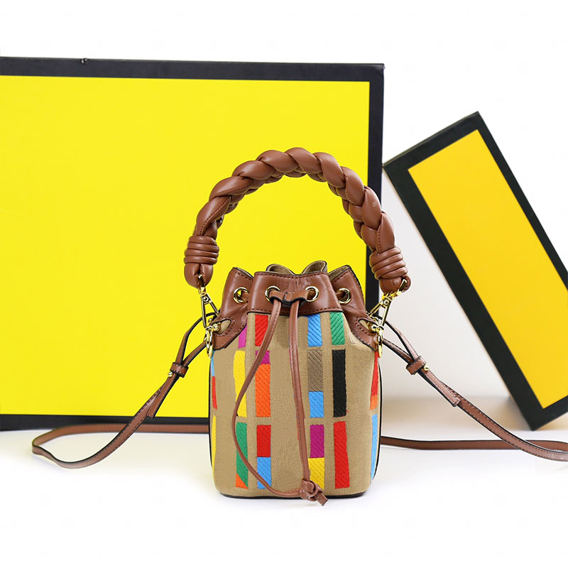 

Mini Designer Drawstring Tote Lady Luxury Canvas Crochet Bucket Bag Interior Pocket Drawcord Top Handle Patchwork Purses Womens Handbag Crossbody Unisex Bags