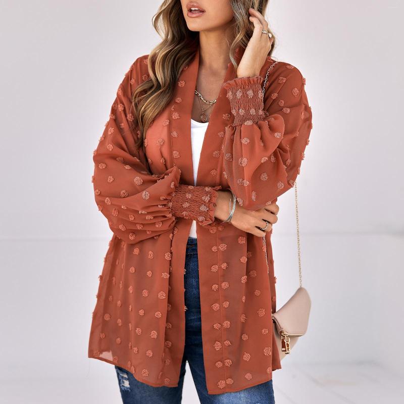 

Women' Jackets 2023 Autumn Women' Fashion Balloon Sleeve Jacquard Chiffon Top Thin Cardigan Jacket, Beige