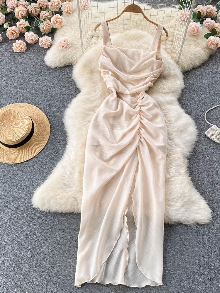 

Casual Dresses ZCWXM Sexy Irregular Solid Dress Women Zipper Summer Apricot Ladies Party Club Slim Ruched French Style Long