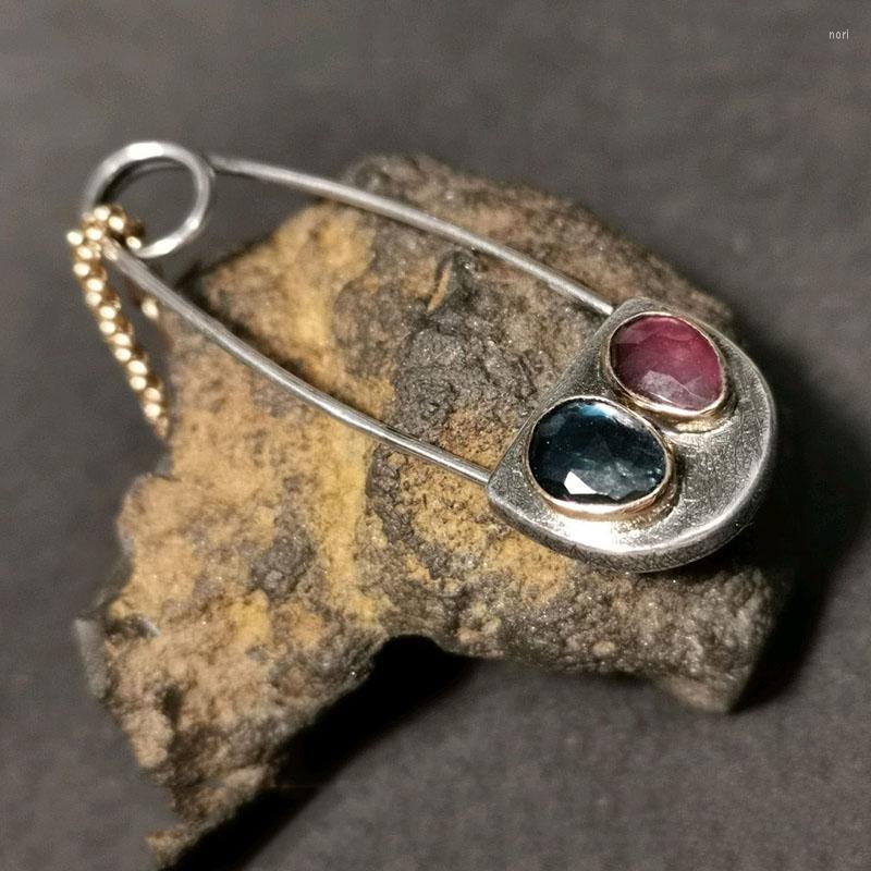 

Pendant Necklaces Vintage Creative Brooch Design Gold Color Necklace Ethnic Silver Inlaid Pink Blue Zircon For Women