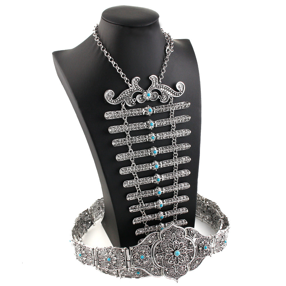 

Wedding Jewelry Sets Sunspicems Retro Vintage Turkish Caucasus Belt Breastplate For Women Muslim Dress Turquoise Neccklace Waist Chain 230313