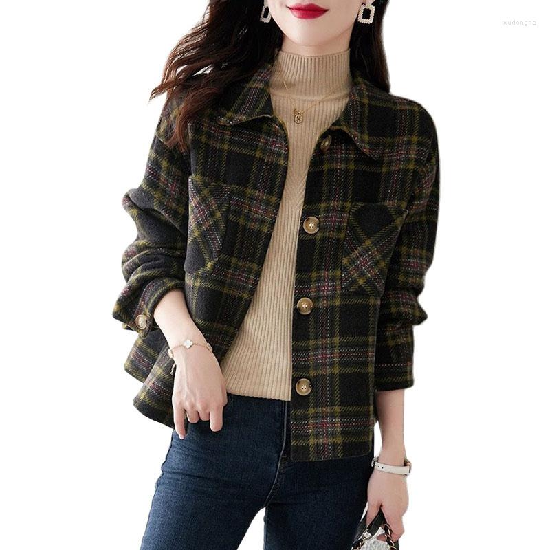 

Women's Wool 2023 Spring Autumn Woolen Coat Women Loose Plaid Jackets Coats Female Single-breasted Long-Sleeved Short Outerwear Tops, Photo color