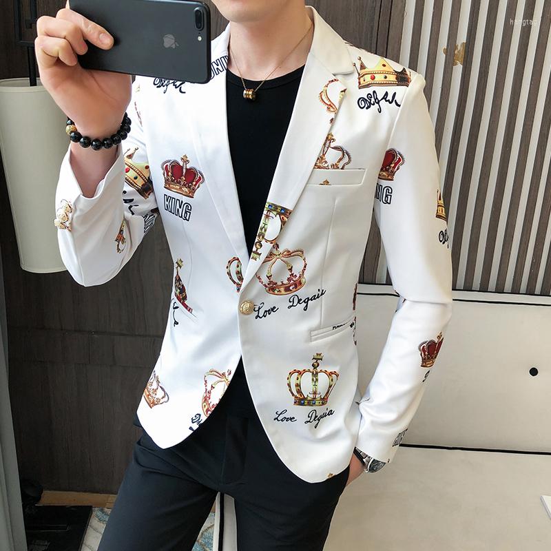 

Men's Suits For Men Spring Crown Print Personality Night Club Hair Stylist Suit Slim Mens Blazer Jacket Fashion Clothing 2023, Black
