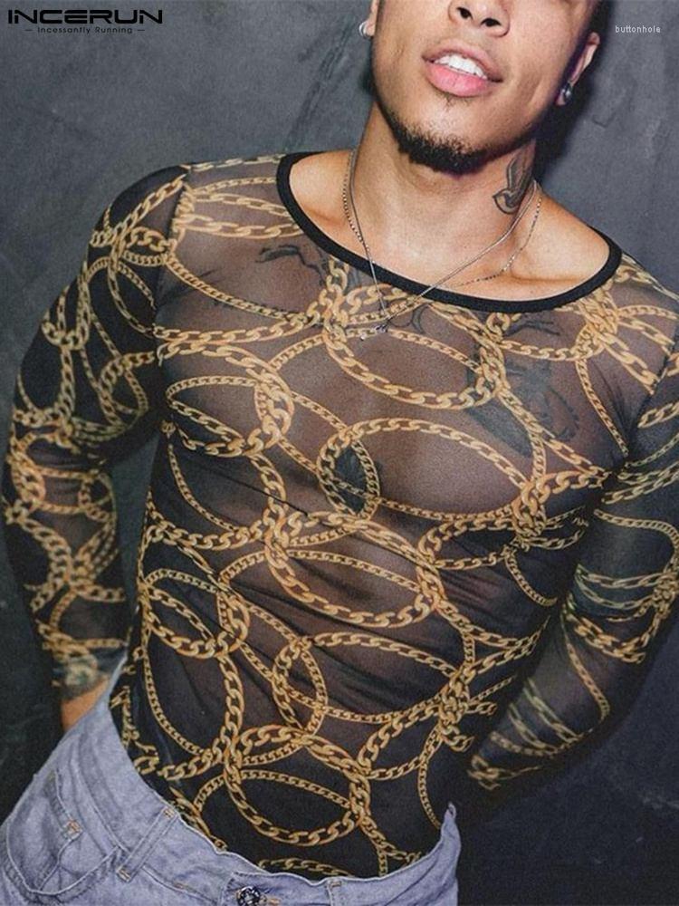 

Men's T Shirts INCERUN 2023 Men Shirt Printing Mesh Long Sleeve Transparent Sexy Crew Neck Camisetas Fitness Streetwear Fashion Clothing, Black