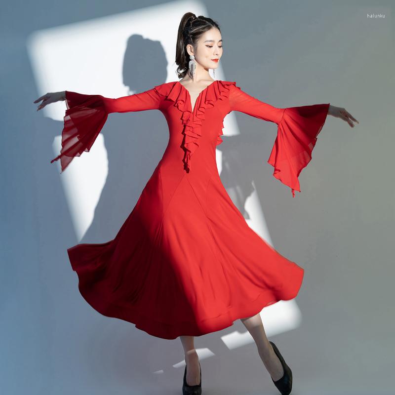 

Stage Wear Red/Black Flare Sleeve Ballroom Dancing Dress Prom Tango Dance Long Adult Standard Waltz Performance Costume VDB6009