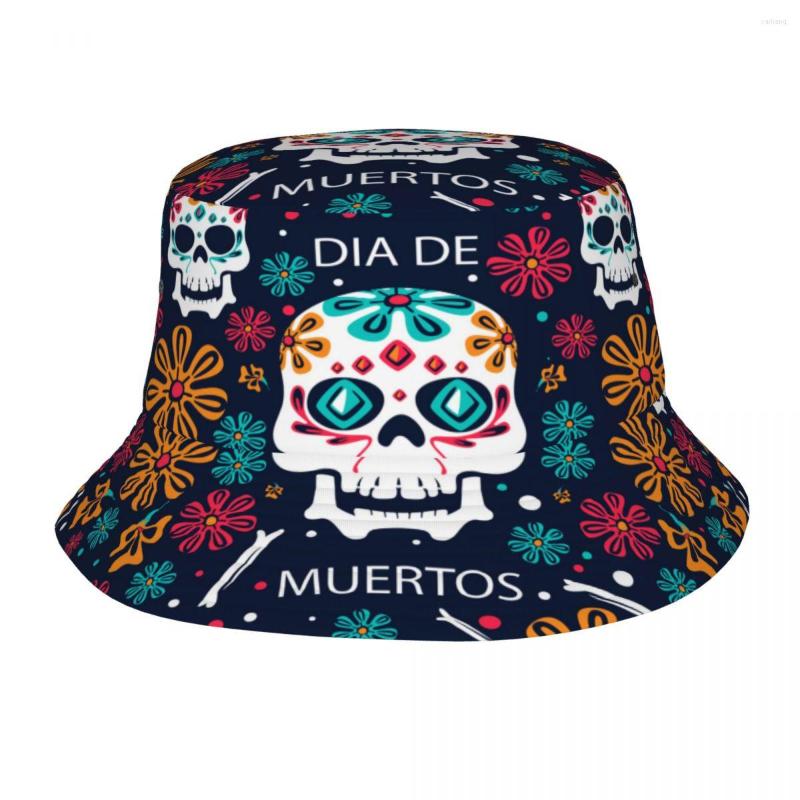 

Berets Bucket Hat Unisex Bob Caps Hip Hop Gorros Day Dead Floral Design Summer Panama Cap Beach Sun Fishing, Black