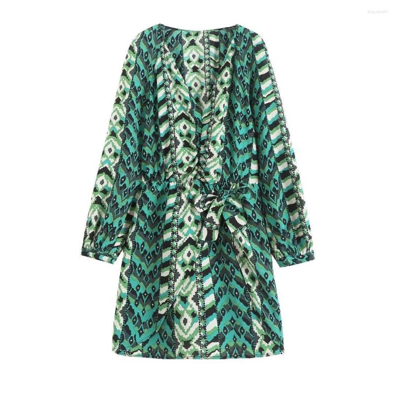 

Casual Dresses Boho Inspired Green SHORT PRINTED DRESS Women Gathered V-neck Long Sleeves Elasticated Waistband Spring Summer