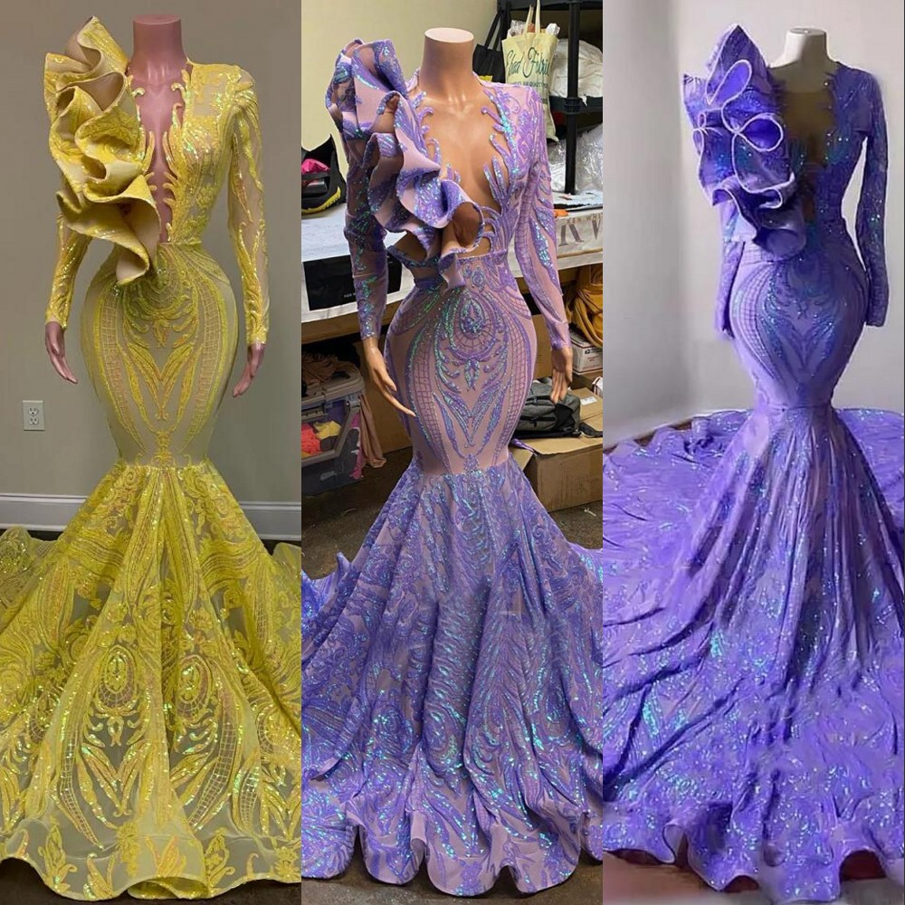 

2023 Sparkling Sequins Mermaid Prom Dress Lilac Lavender Yellow Sexy V Neck Ruffles Party Gowns Long sleeves Shiny lace Evening Dresses Robe De Soiree Vestido, Red