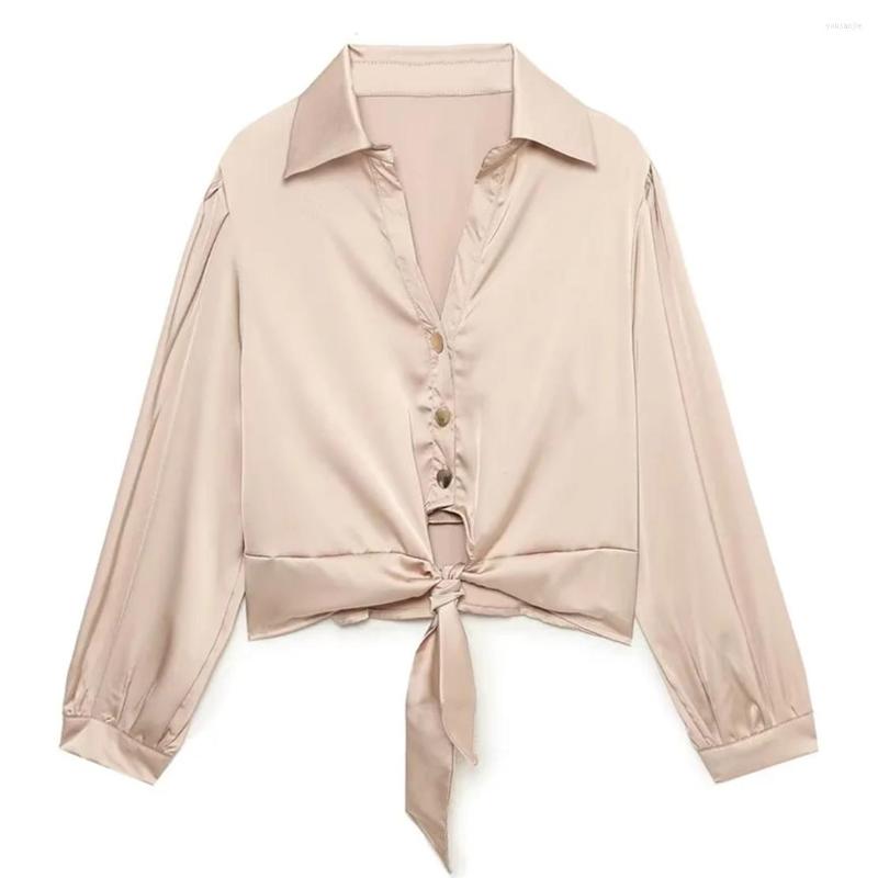 

Women's Blouses Maxdutti Fashion Blouse Women Single Breasted Satin Long Sleeve Bow Casual Autumn Shirt, Beige