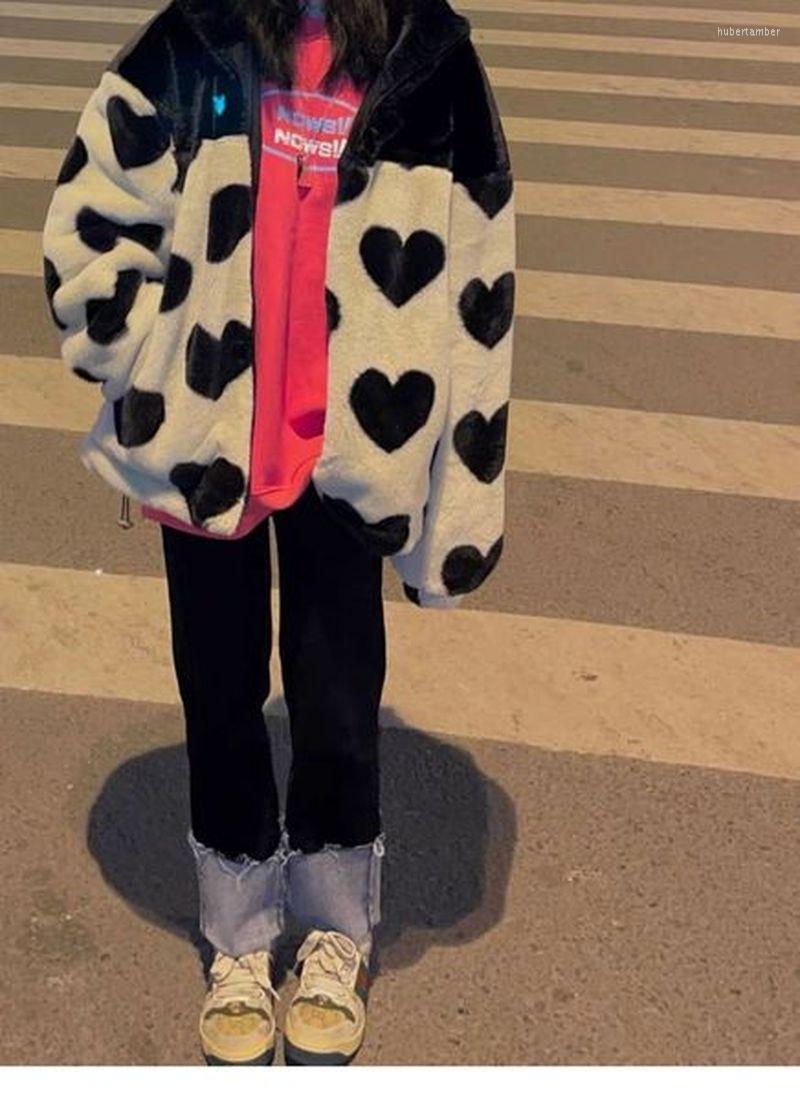 

Women' Down Winter Fur Coat Women Jackets Trend Love Pattern Korean Color Matching Stand Up Collar Imitation Thickened Warmth Padded Jacket, Black