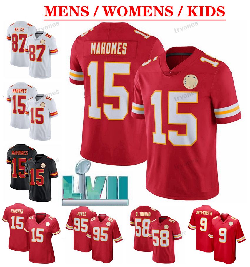 CUSTOM LVII 15 Patrick Mahomes 87 Travis Kelce Football Jerseys Mens Womens Kids Pacheco 95 Jones 55 Frank Clark 17 Hardman Butker Derrick T