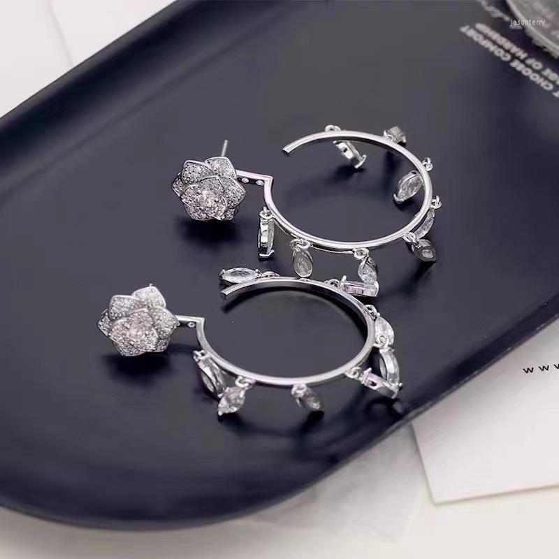 

Hoop Earrings 2023 -selling Camellia Ring Fashion Silver Needle Zircon Rose