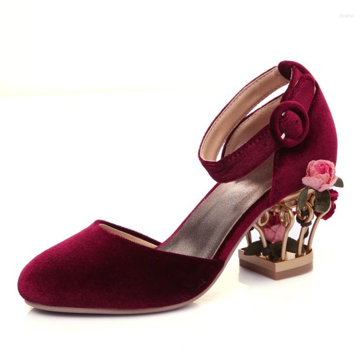 

Dress Shoes Round Toe Suede Bird Cage Heel Sandals Female Black Buckle Retro Floral Summer 2023 Women Strange Style, Wine red