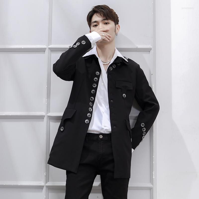 

Men's Suits Men Black Spring And Summer Jacket Single-breasted Mid-length Stand-up Collar Suit Slim Large Size Singer Performance Costumes