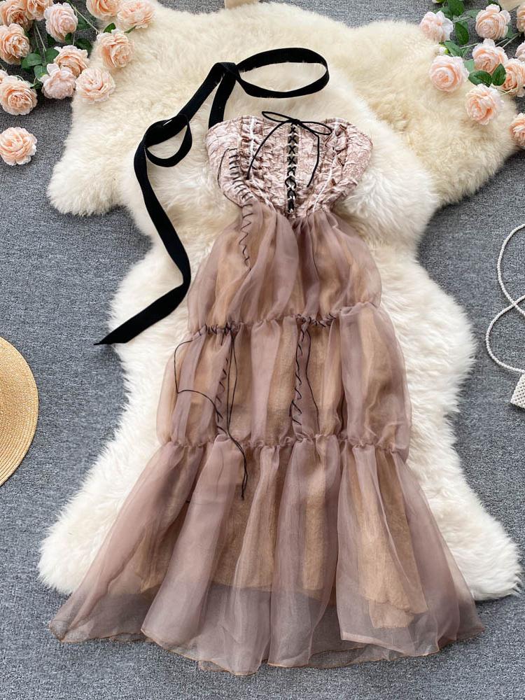 

Casual Dresses ZCWXM Summer Clothing Evening Maxi Dress Women Party Sexy Off Shoulder Vintage Organza Lace Up Cross Hepburn Wrapped Chest, Gray