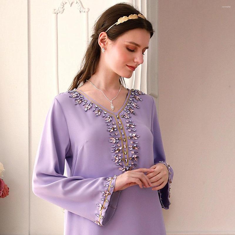 

Casual Dresses WEPBEL Rhinestone Phnom Penh Robe Abaya Luxury Women Muslim Dress Light Purple Middle East Turkey Islamic Clothing