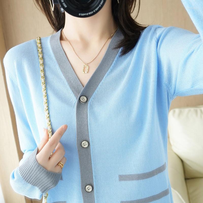 

Women' Knits Ladies Korean Style Long-Sleeved Knitted Cardigan Spring And Autumn All-Match Fashion Stitching V-Neck Single-Breasted Top, Sky blue