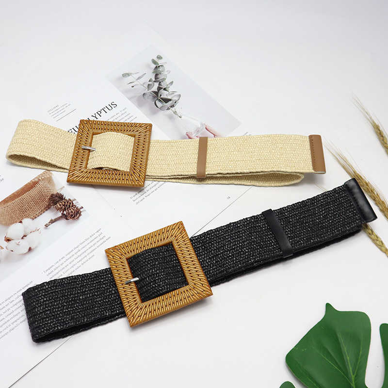 

Waist Chain Belts Buckles Men's Women's Waist cover women's decorative Khaki fashion generous buckle elastic belt Bohemian PP grass woven belt, Black