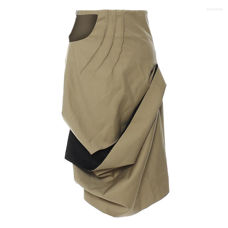 

Skirts Women' Patchwork Color-blocking Irregular Half-length Skirt Jupe Longue Femme Korean Pencil, Dark khaki