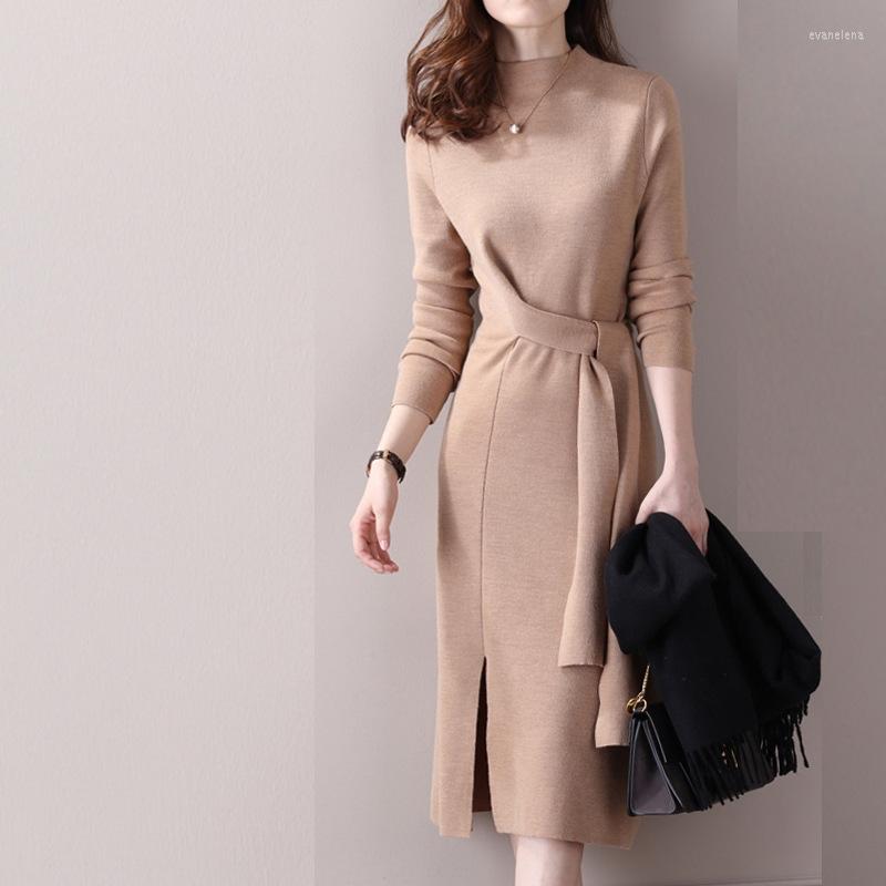 

Casual Dresses Half-High Collar Wool Knit Dress Women's Autumn And Winter Long Section Straps Temperament Waist Split Red Bottoming
