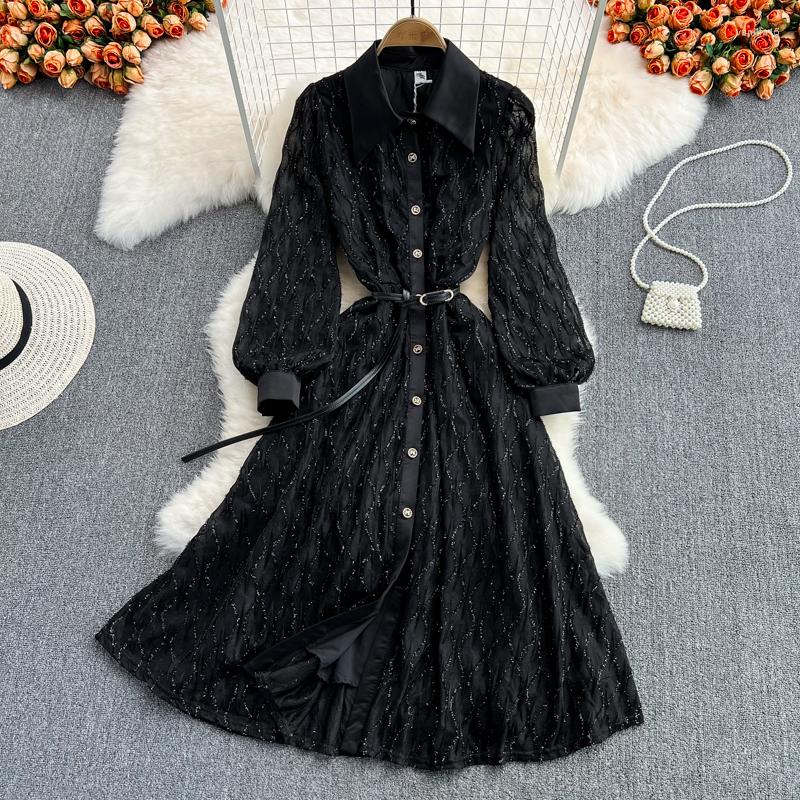 

Casual Dresses Women's Black Dress Lace Up Spring Autumn Long Sleeve Turn-down Collar Single Breasted Elegant A-Line Mid-length Vestidos