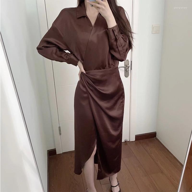 

Casual Dresses Spring Women Satin Shirt Dress Long Sleeve Brown Ladies High Waist Elegant Fashion For Female 2023
