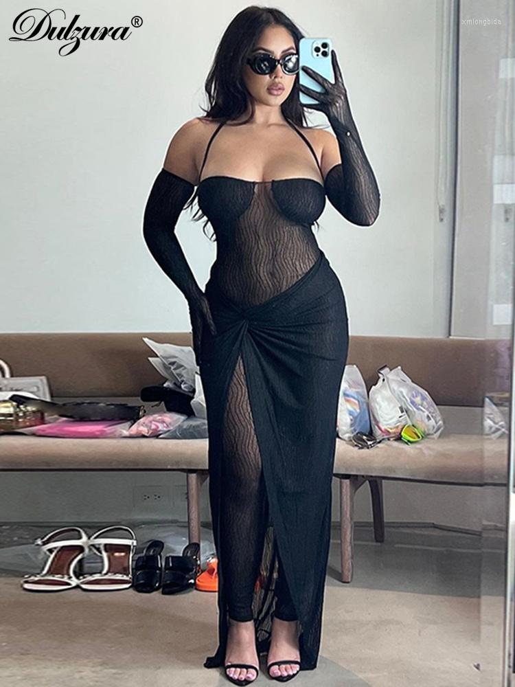 

Work Dresses Dulzura Women Mesh See Through Sexy Y2K Clothes 2 Piece Lace Up Long Sleeve Backless Top High Waist Maxi Skirt Matching Set, Black