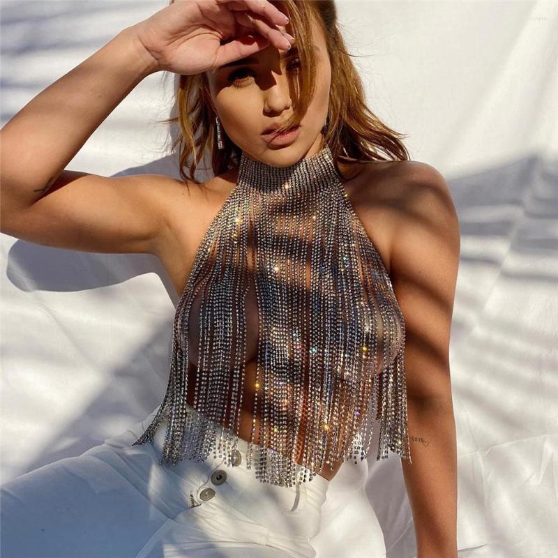 

Women's Tanks Luxury Rhinestone Tassel Chain Cropped Tank Tops Multilayer Diamonds Sexy See Through Backless Sleeveless Nightclub Festival, Gold