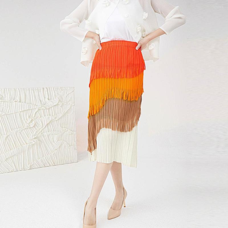 

Skirts SISHION Pleated Tassels Long Midi VD3681 Straight Four Colors Layered Elegant Spring Summer Women Skirt, Blue