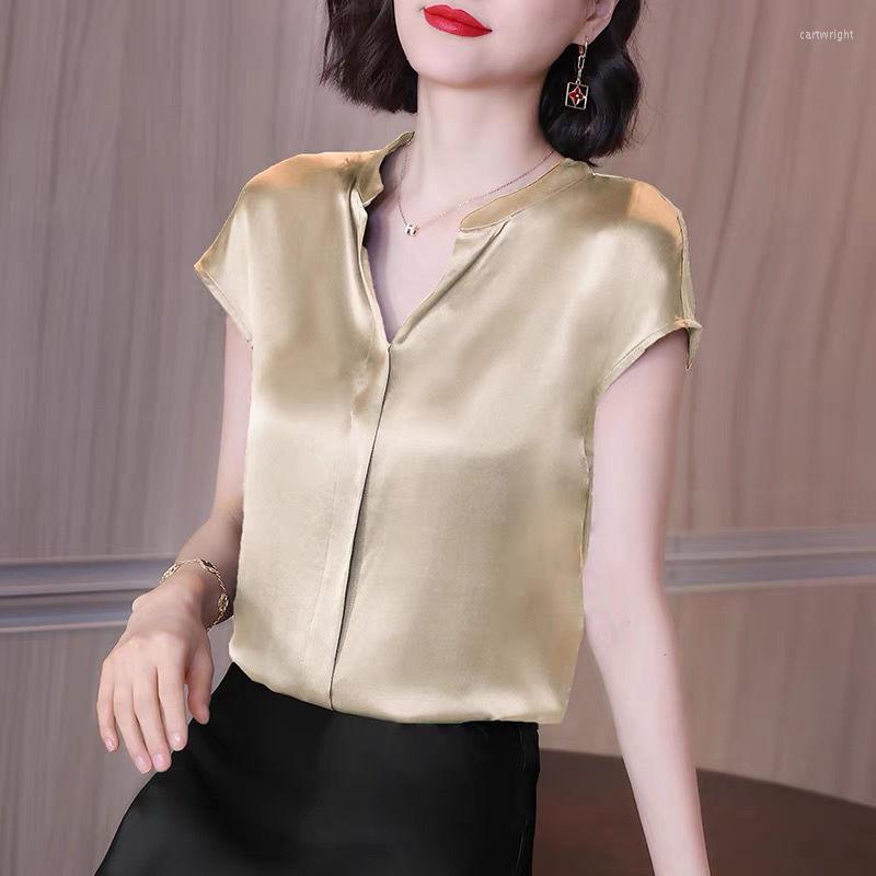 

Women' Blouses Satin Blouse Women Short Sleeve Top Office Lady V Neck Solid Color Fashion Summer Chiffon Shirt Blusas De Mujer, Gray