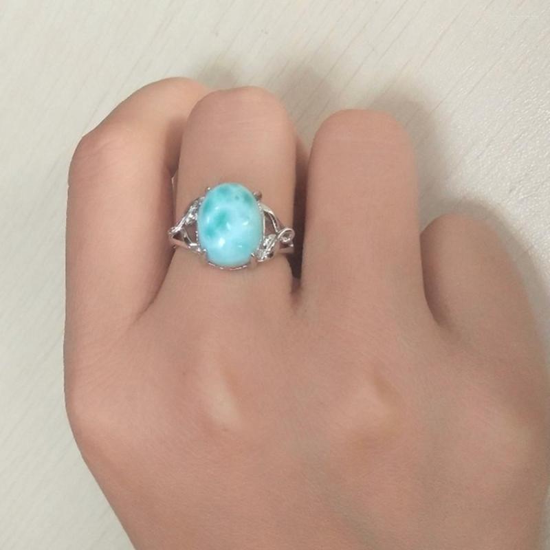 

Cluster Rings Big Stone Larimar Woman Ladies Engagement With Natural Gemstone 925 Sterling Silver Jewelry Gift For Her