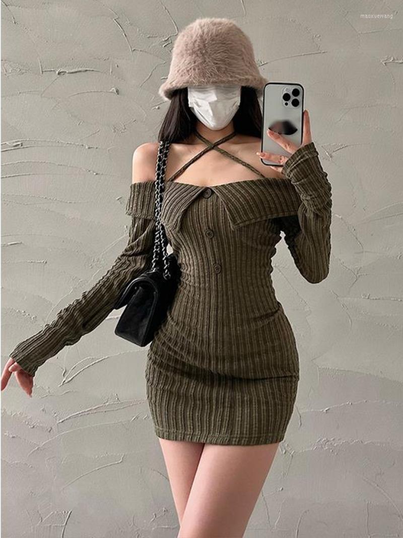 

Casual Dresses WOMENGAGA Sexy Off Shoulder Slim Long Sleeve Halter Neck Dress Knitting Fashion Women 2023 Spring Y8AX, Black